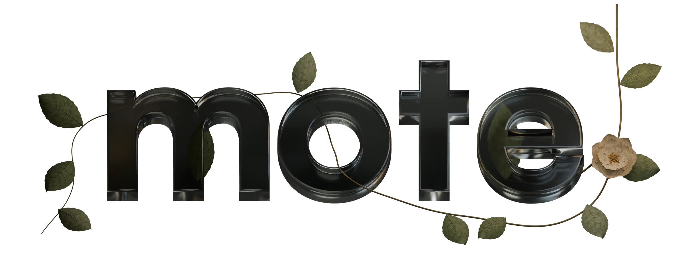 Mote in clear smoked glass, with an olive vine passing through the letters.